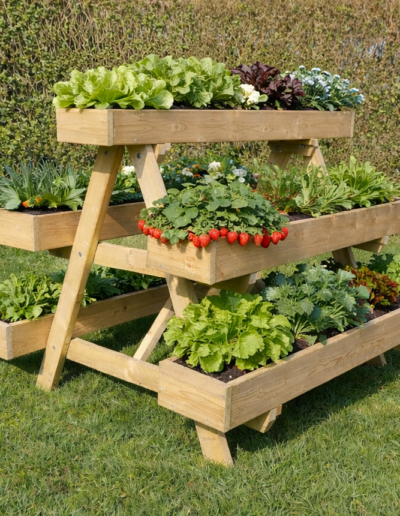 Houten plantenbak gevuld met kleurrijke bloemen en verse groenten in een tuin